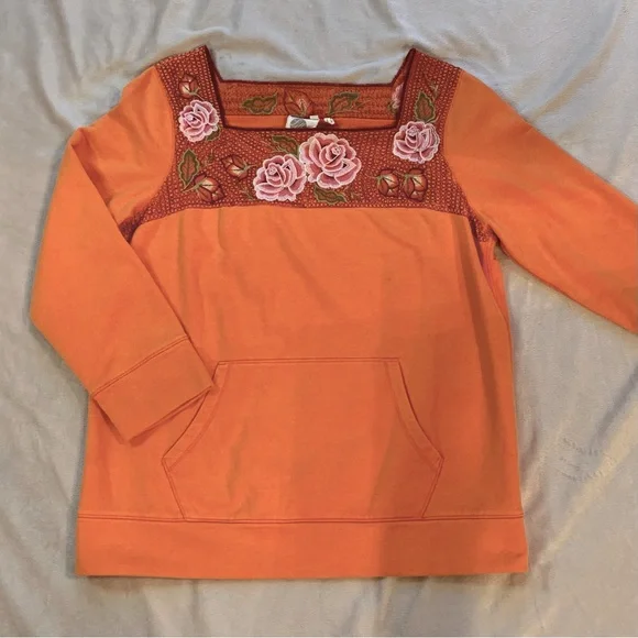 Anthropologie Orange Top with Pink Floral Embroidery - Picture 2 of 3